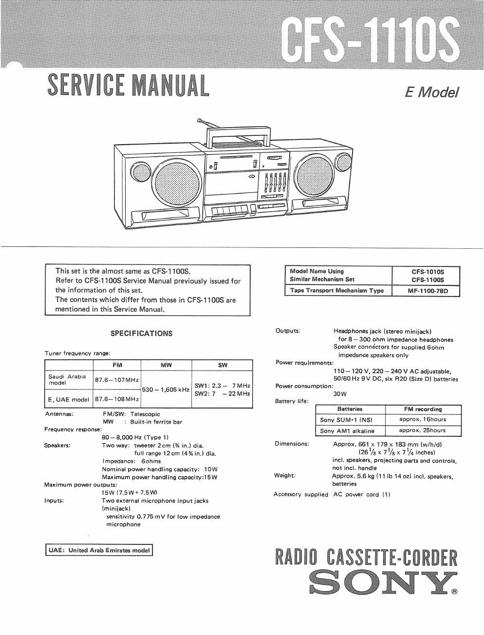 sony cfs 1110 s service manual