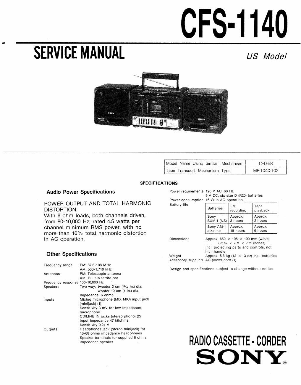 sony cfs 1140 service manual