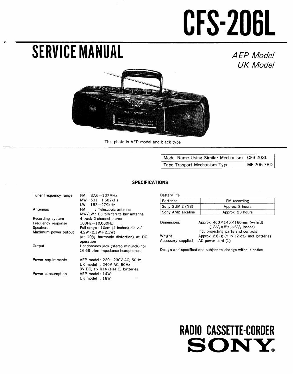 sony cfs 20 gl service manual