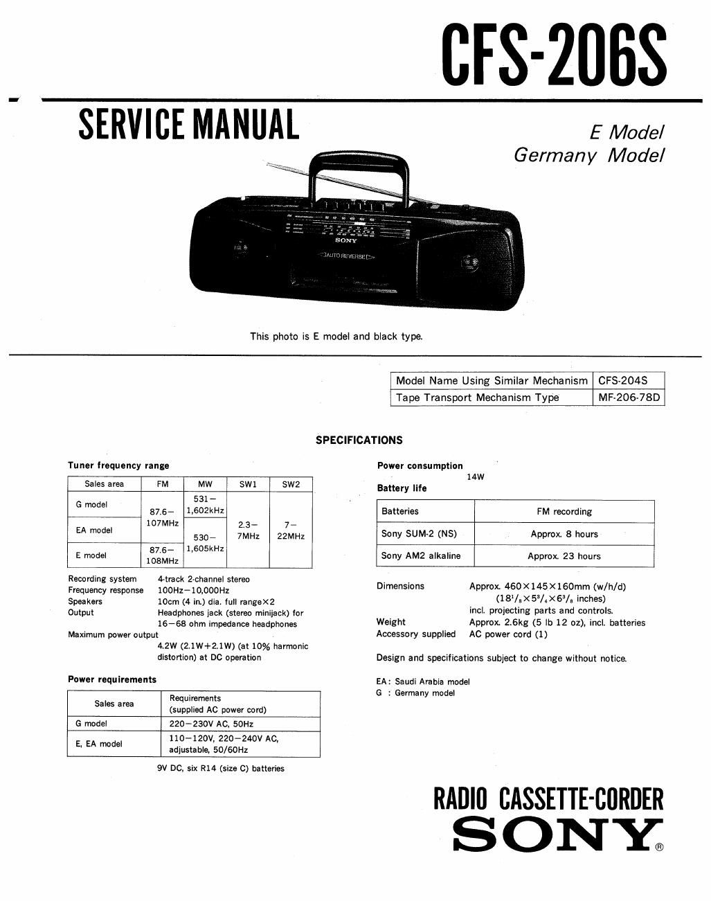 sony cfs 20 gs service manual