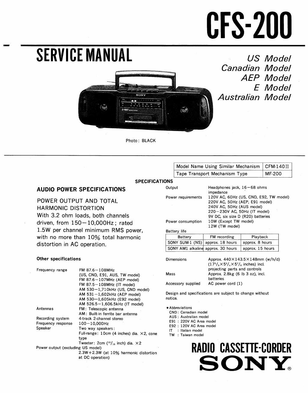sony cfs 200 service manual