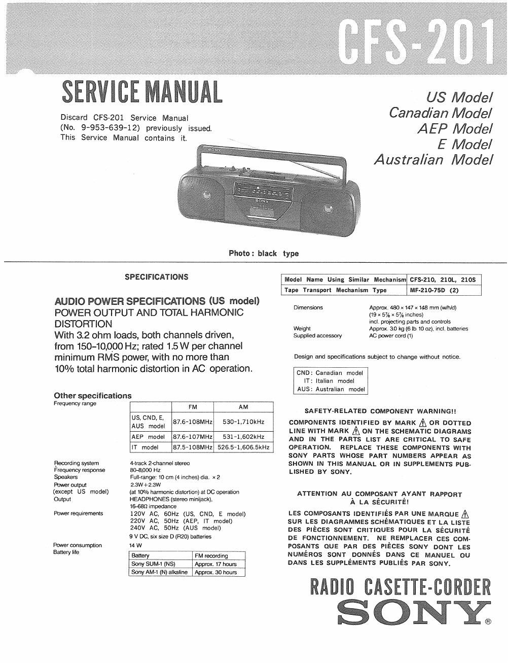 sony cfs 201 service manual