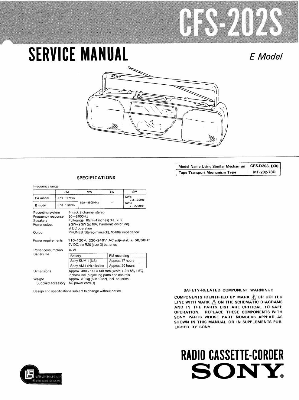sony cfs 202 s service manual