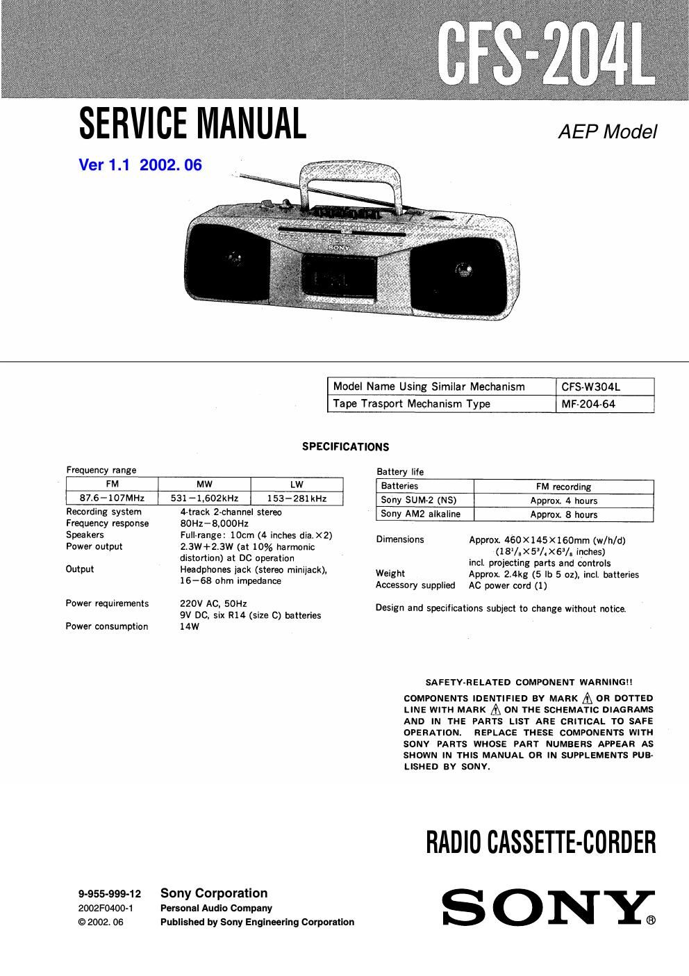 sony cfs 204 l service manual