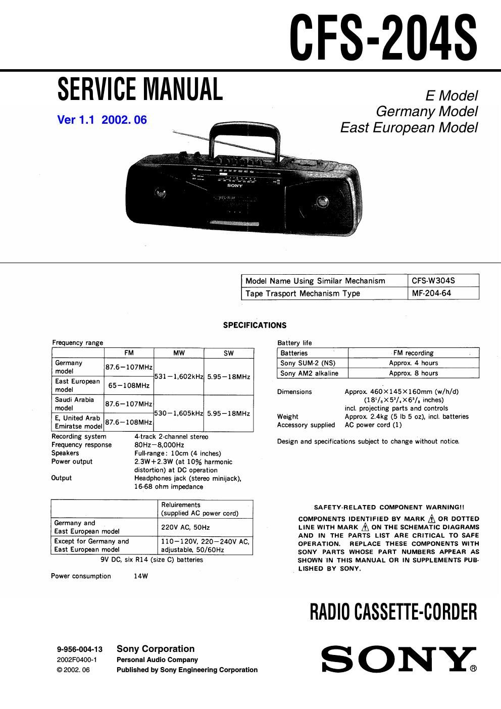 sony cfs 204 s service manual