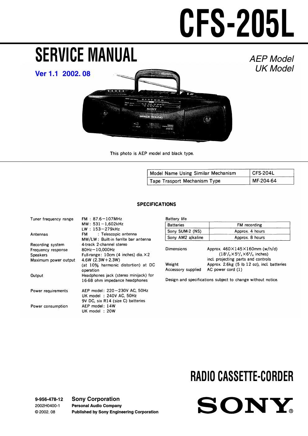 sony cfs 205 l service manual