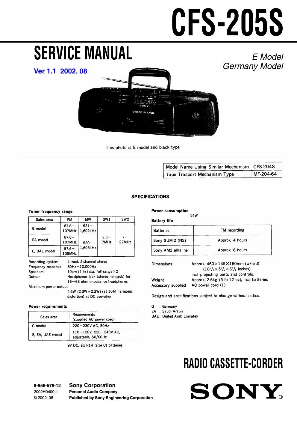 sony cfs 205 s service manual