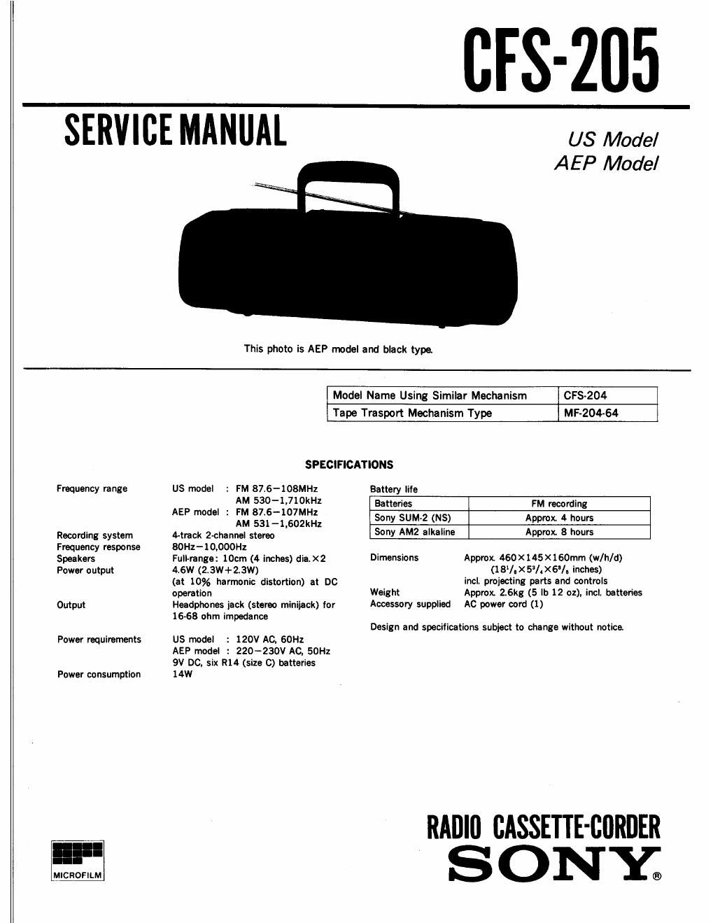 sony cfs 205 service manual