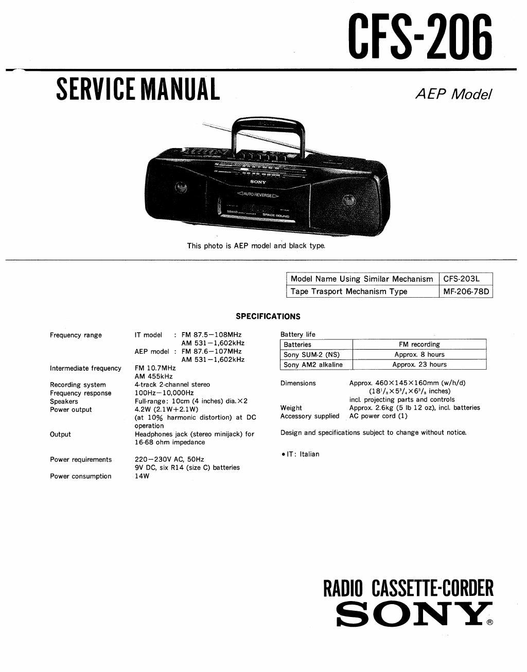 sony cfs 206 service manual
