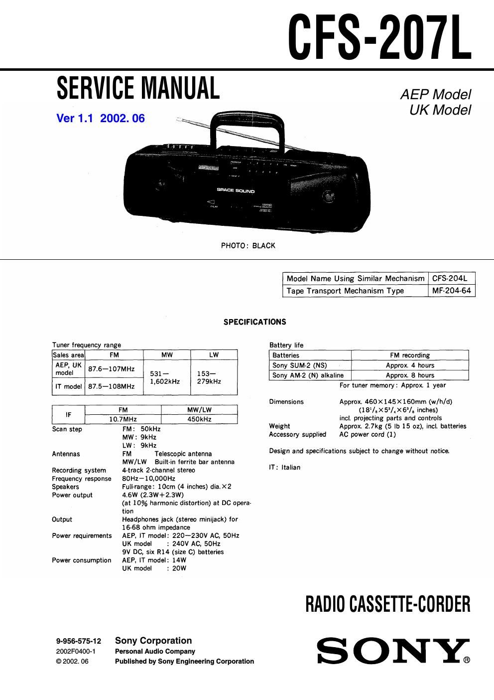 sony cfs 207 l service manual