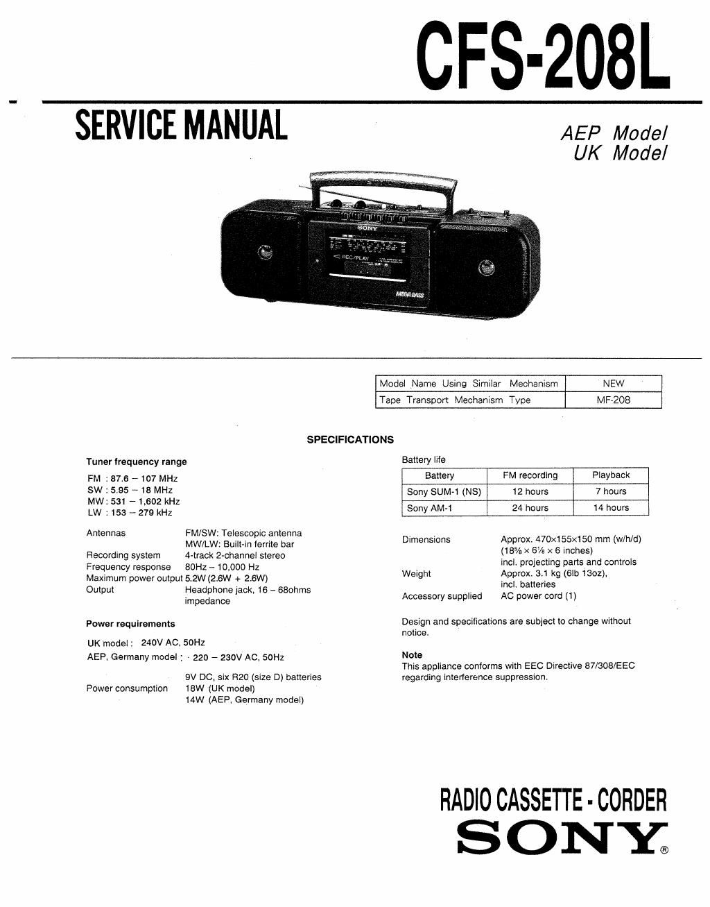 sony cfs 208 l service manual