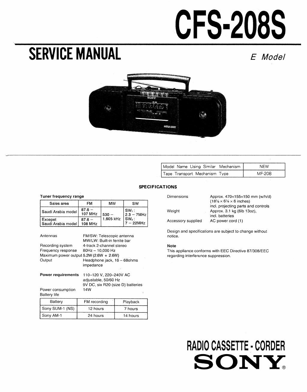 sony cfs 208 s service manual
