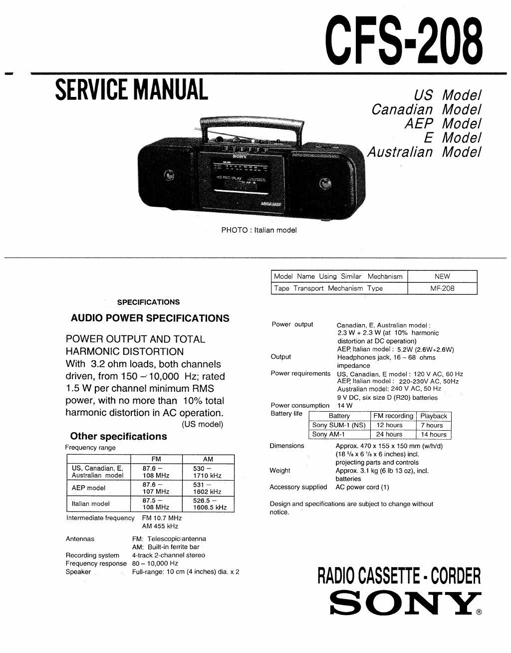 sony cfs 208 service manual