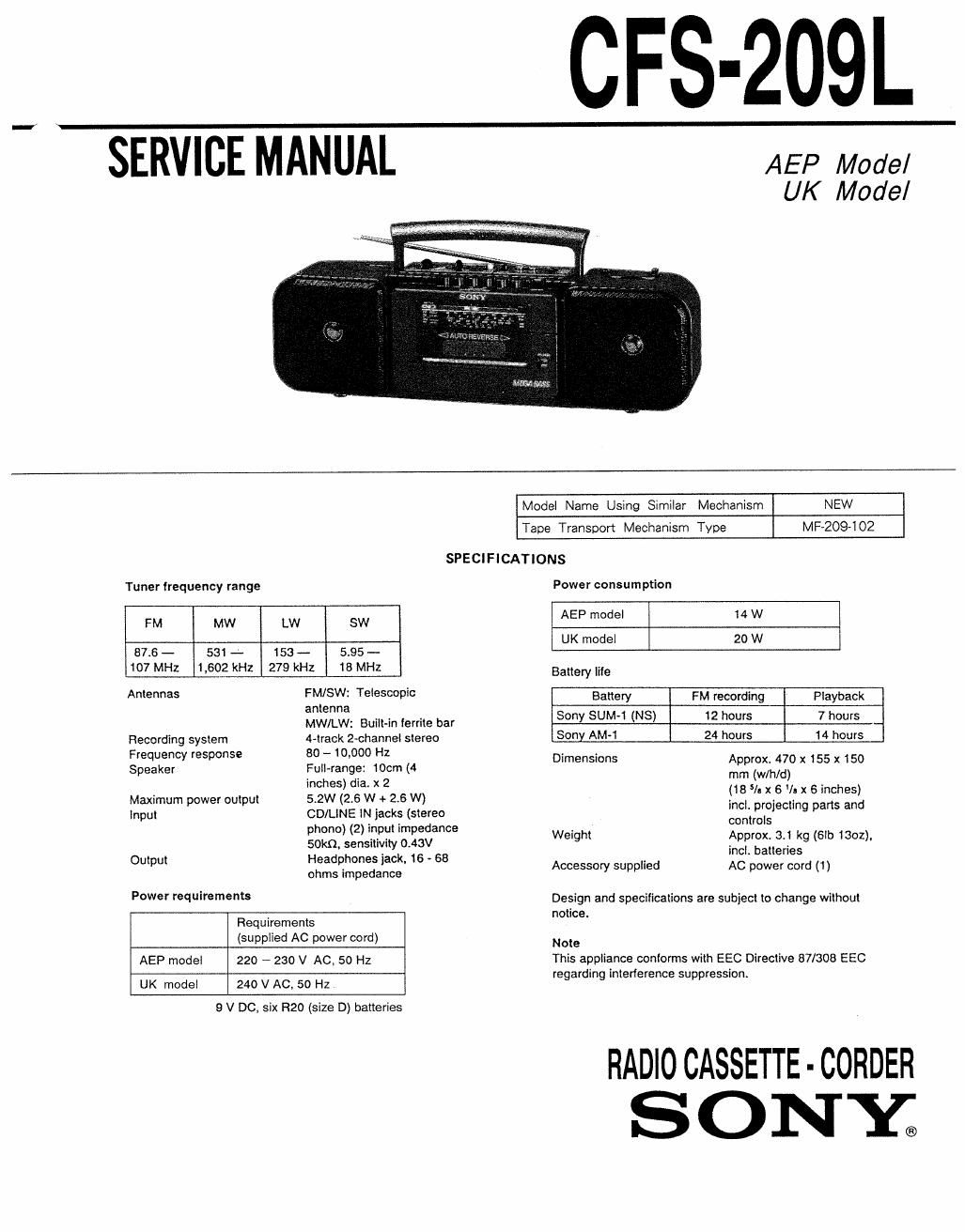 sony cfs 209 l service manual