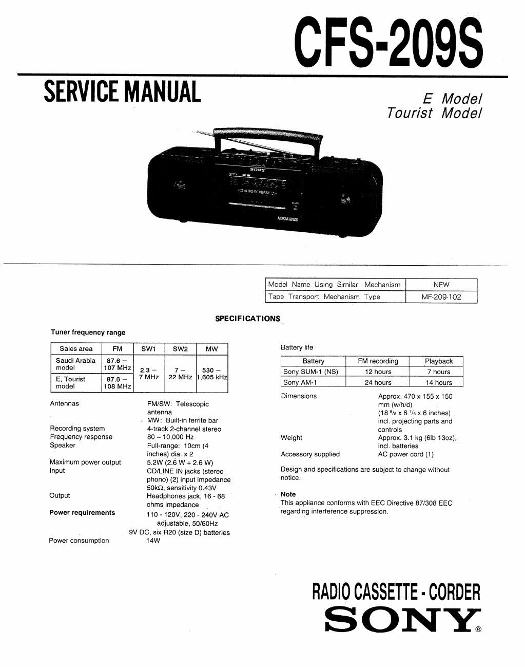 sony cfs 209 s service manual