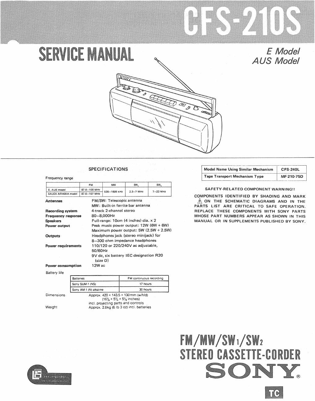 sony cfs 210 s service manual