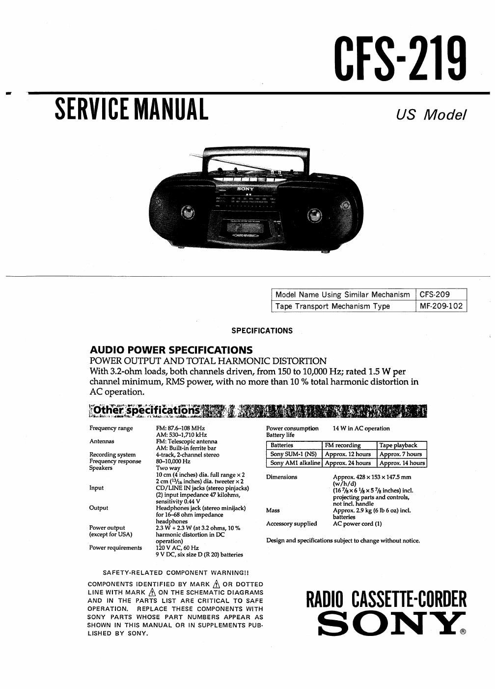 sony cfs 219 service manual