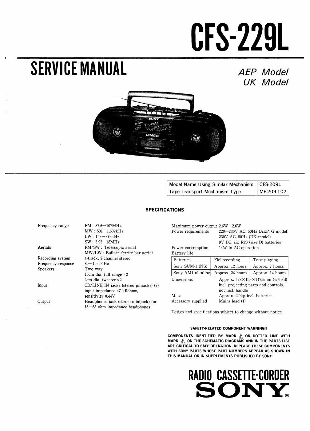 sony cfs 229 l service manual