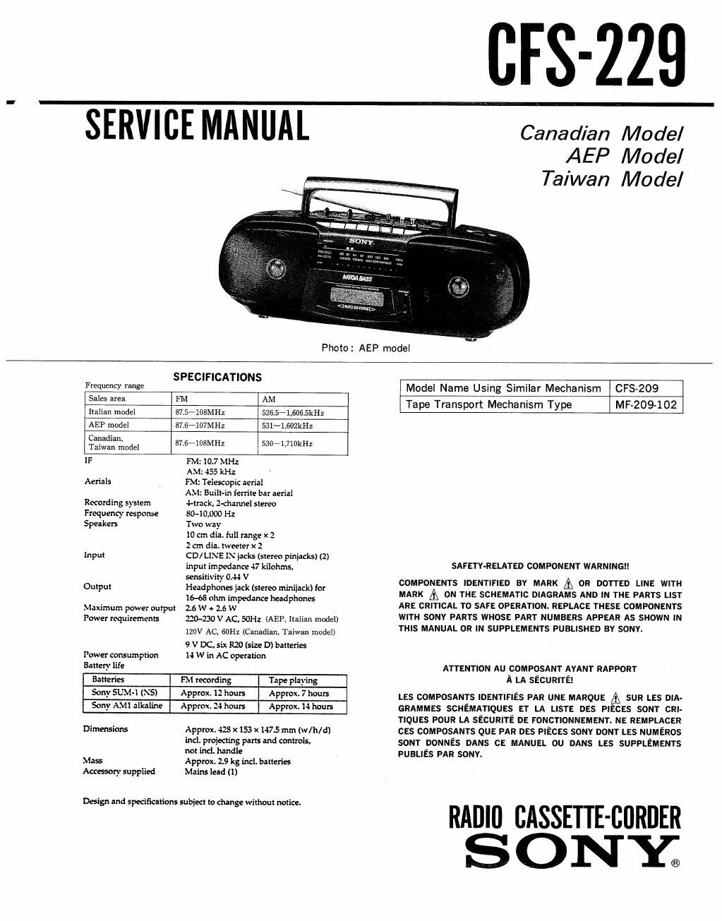 sony cfs 229 service manual