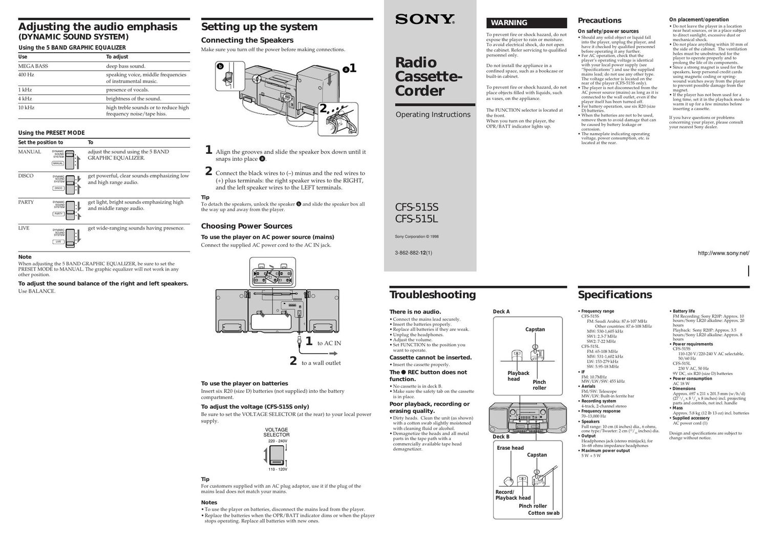 sony cfs 515 l owners manual