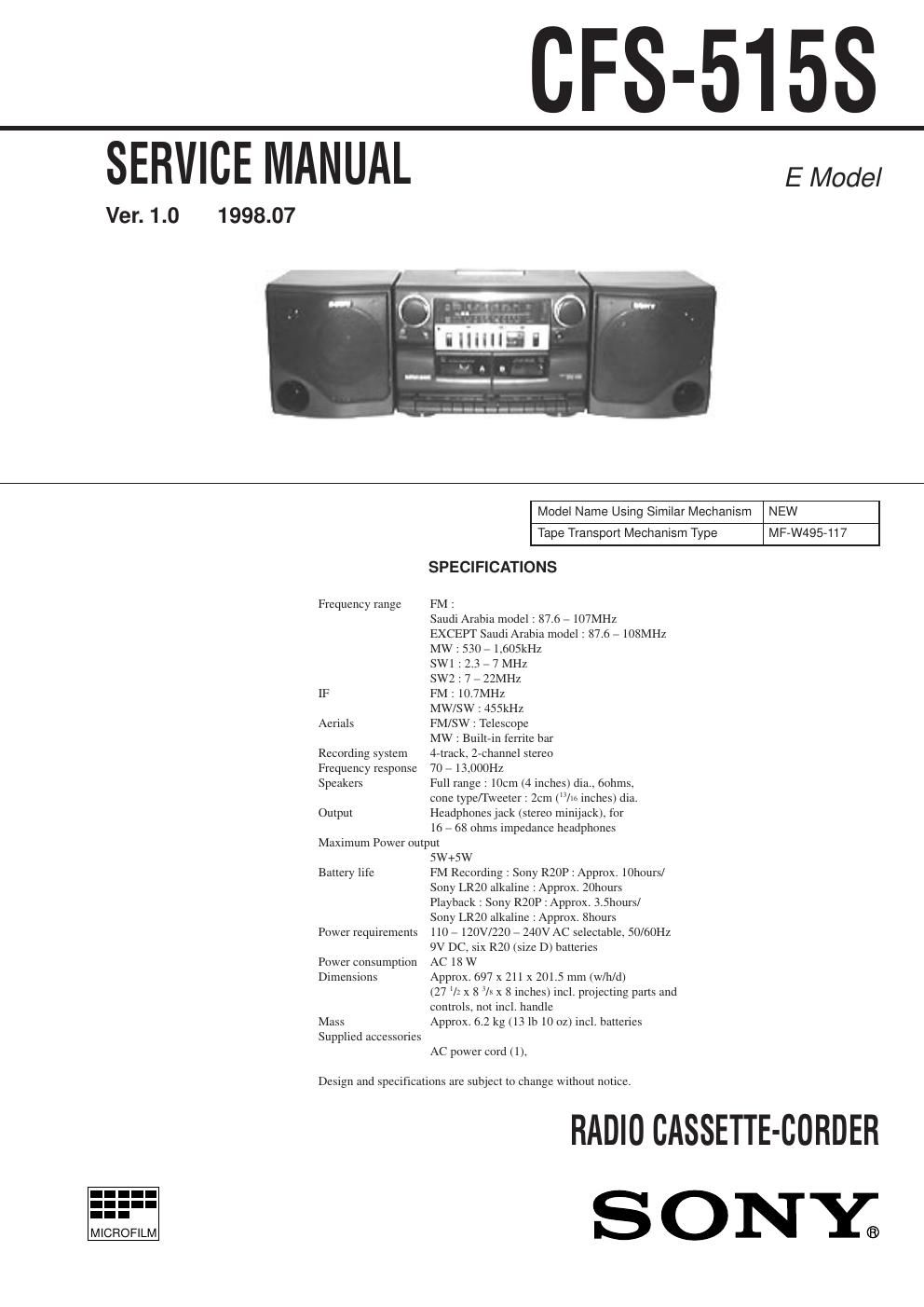 sony cfs 515 s service manual