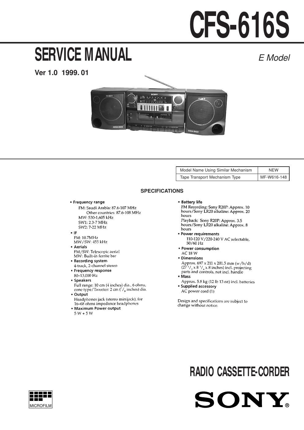 sony cfs 616 s service manual