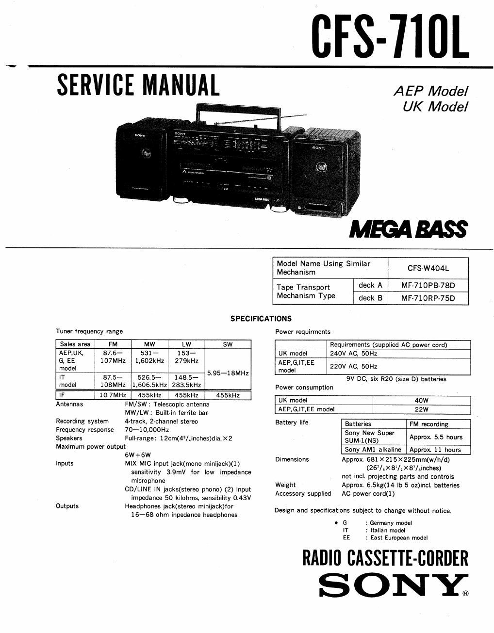 sony cfs 710 l service manual