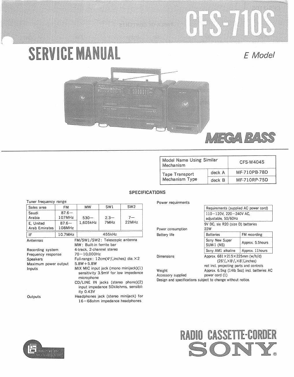 sony cfs 710 s service manual