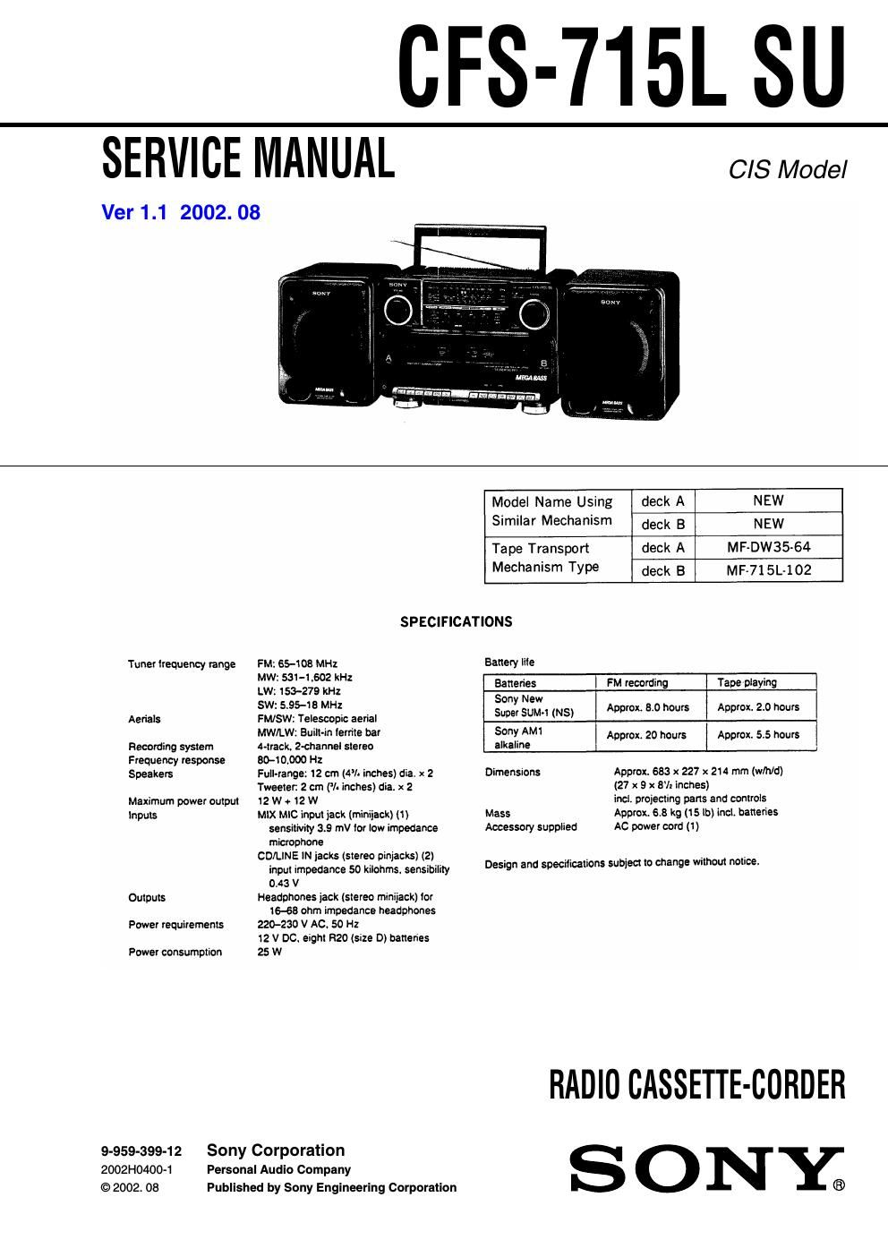 sony cfs 715 l service manual