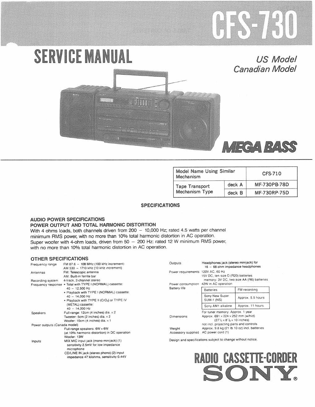sony cfs 730 service manual