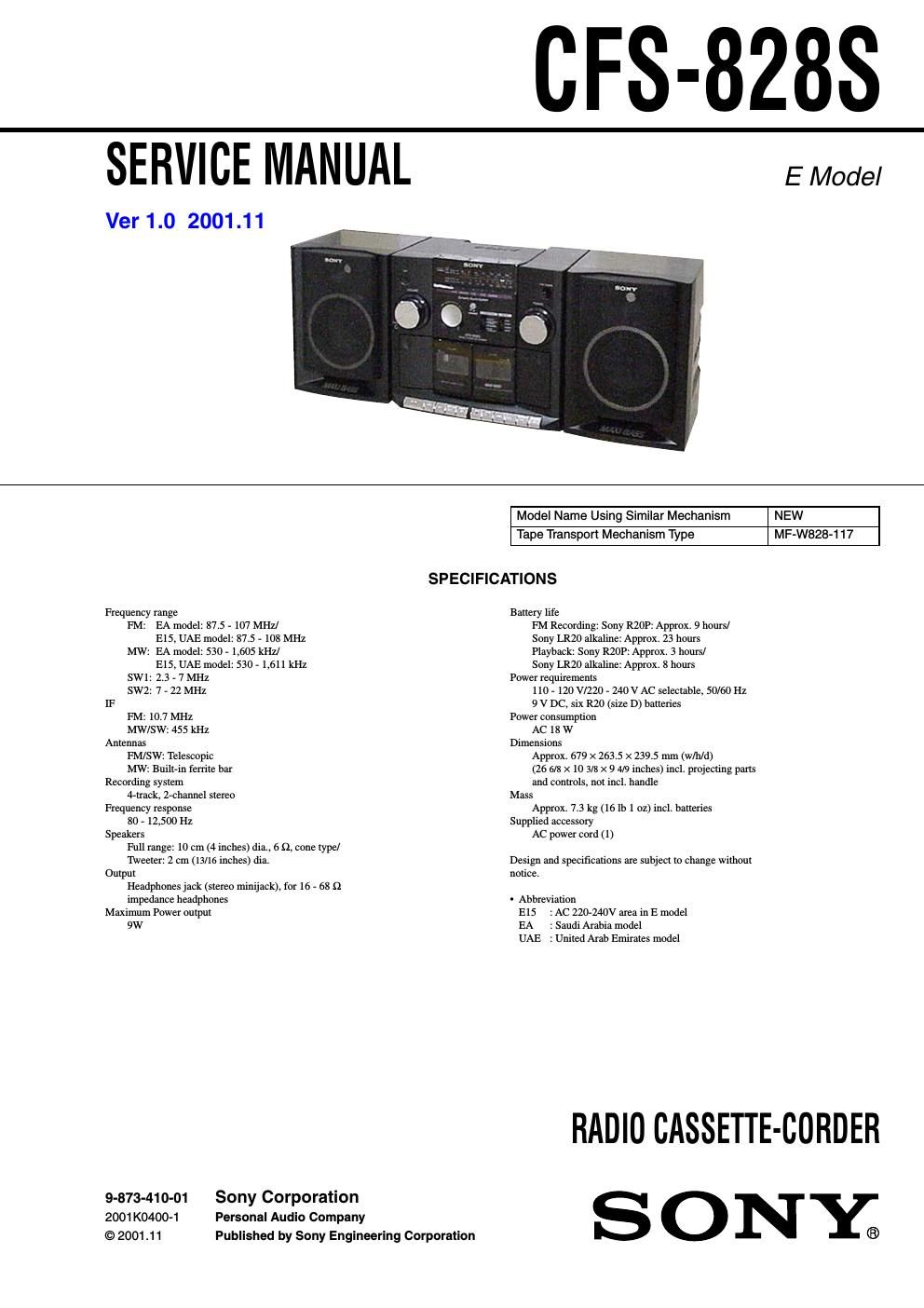 sony cfs 828 s service manual