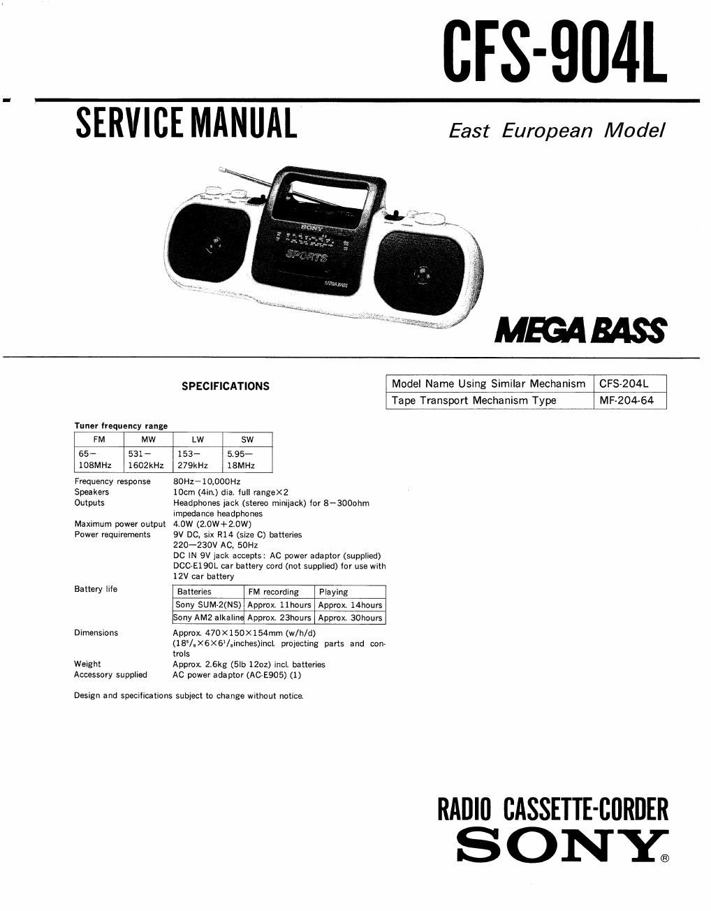 sony cfs 904 l service manual