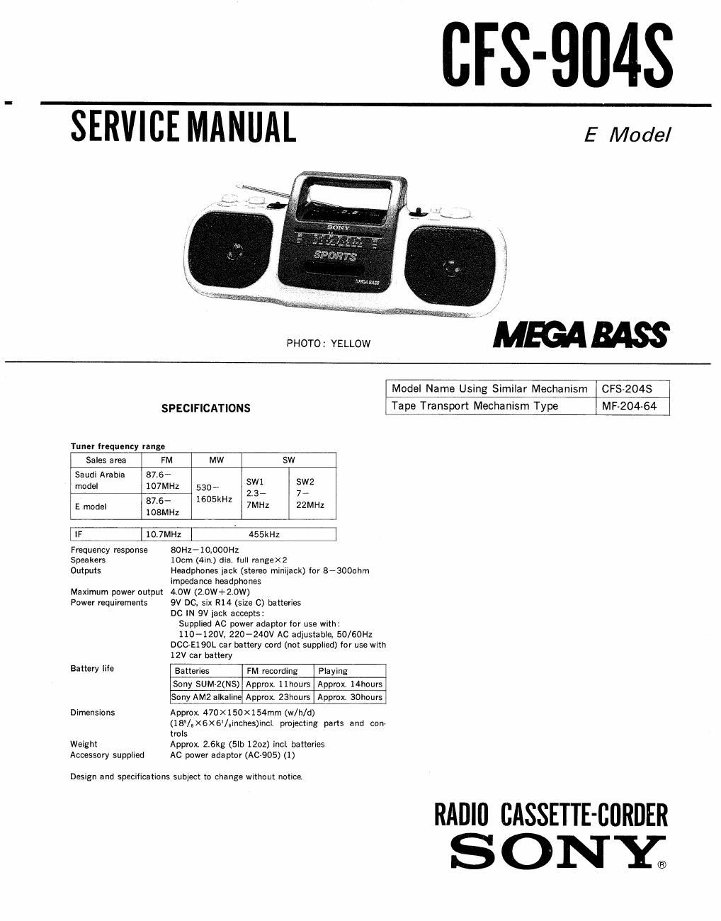 sony cfs 904 s service manual