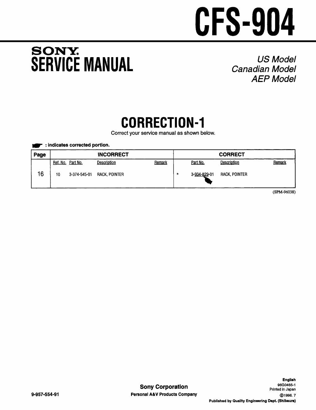 sony cfs 904 service manual