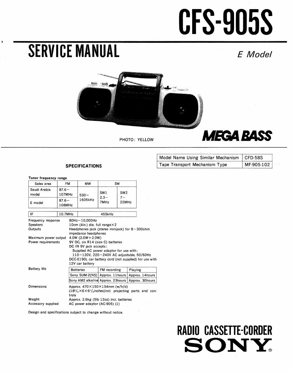 sony cfs 905 s service manual