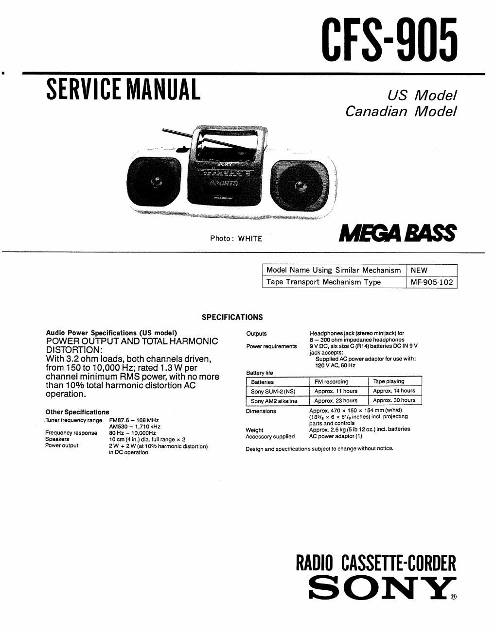 sony cfs 905 service manual