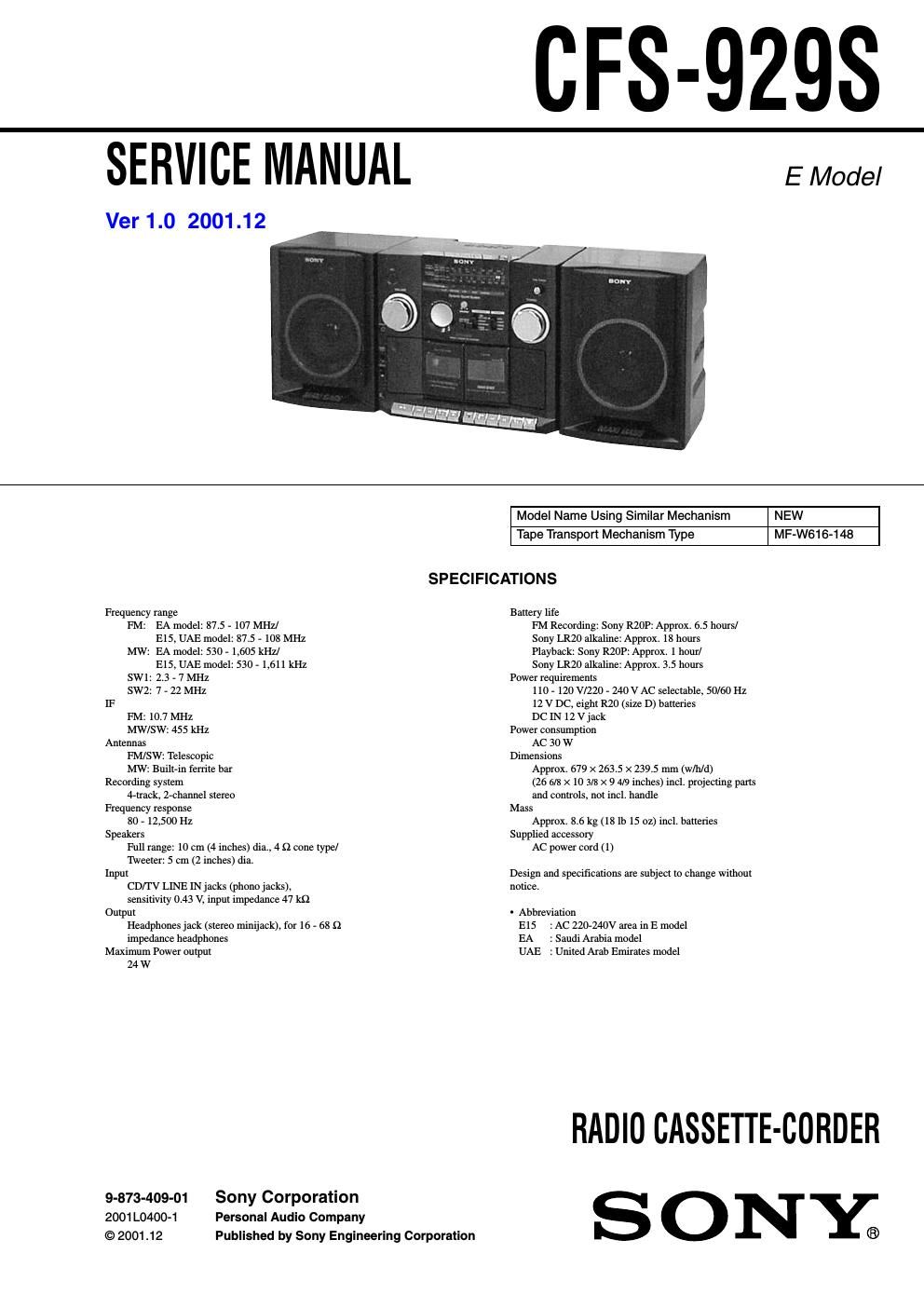 sony cfs 929 s service manual