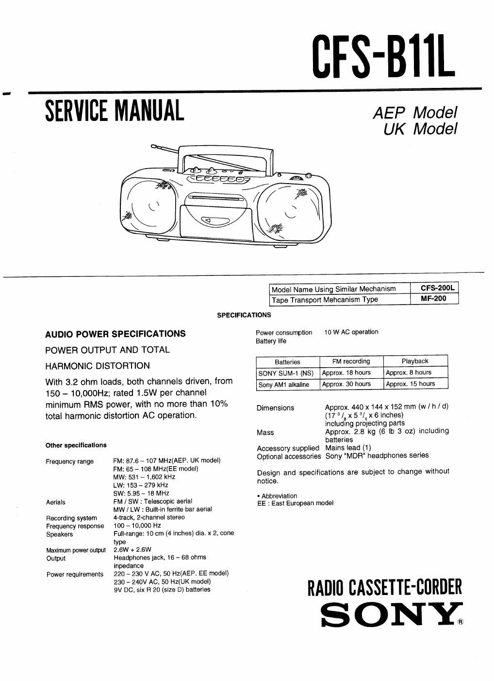 sony cfs b 11 l service manual