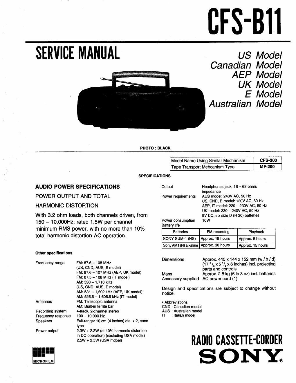 sony cfs b 11 service manual