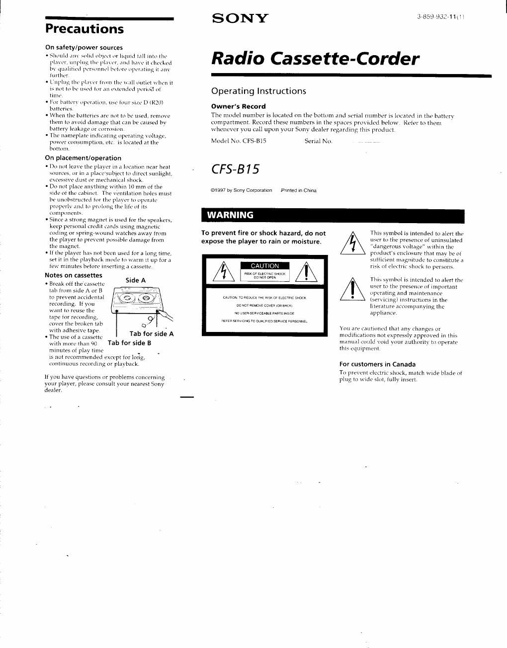 sony cfs b 15 owners manual