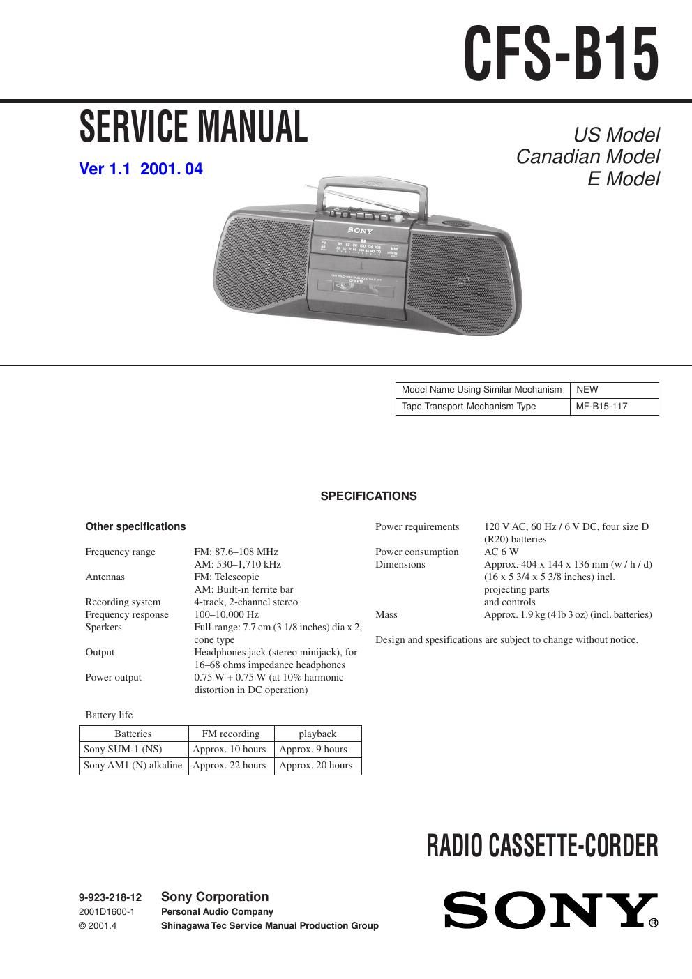 sony cfs b 15 service manual