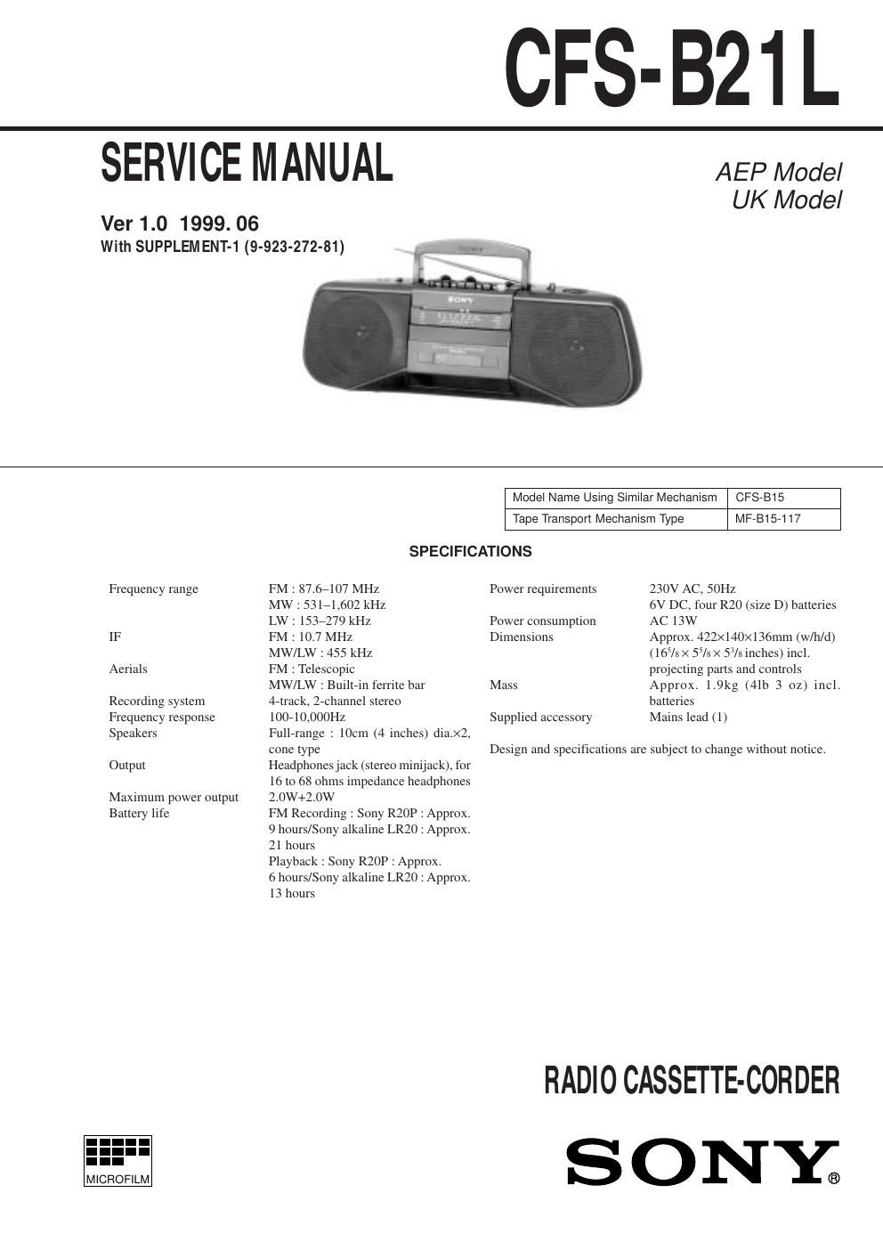 sony cfs b 21 l service manual