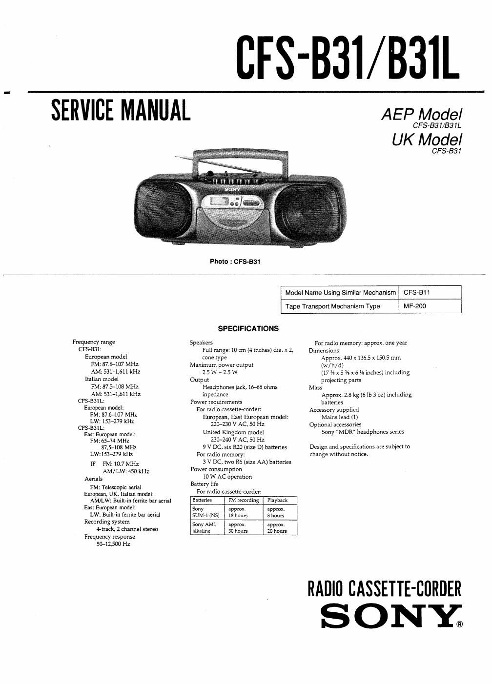 sony cfs b 31 l service manual