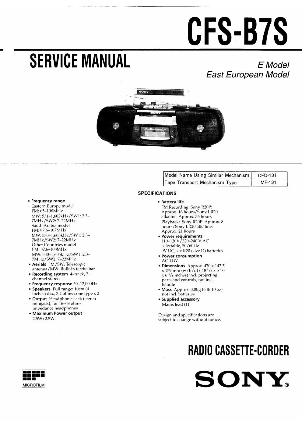 sony cfs b 7 s service manual