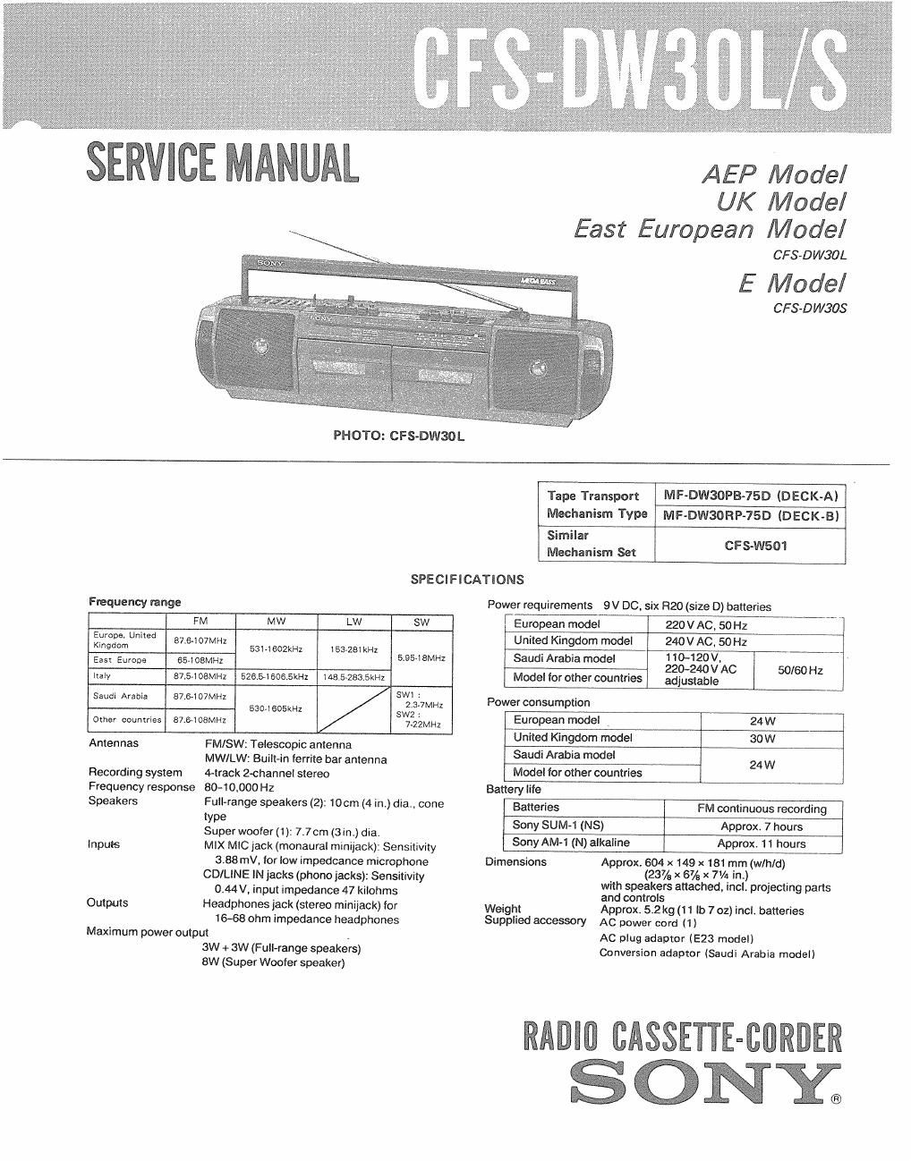 sony cfs dw 30 s service manual