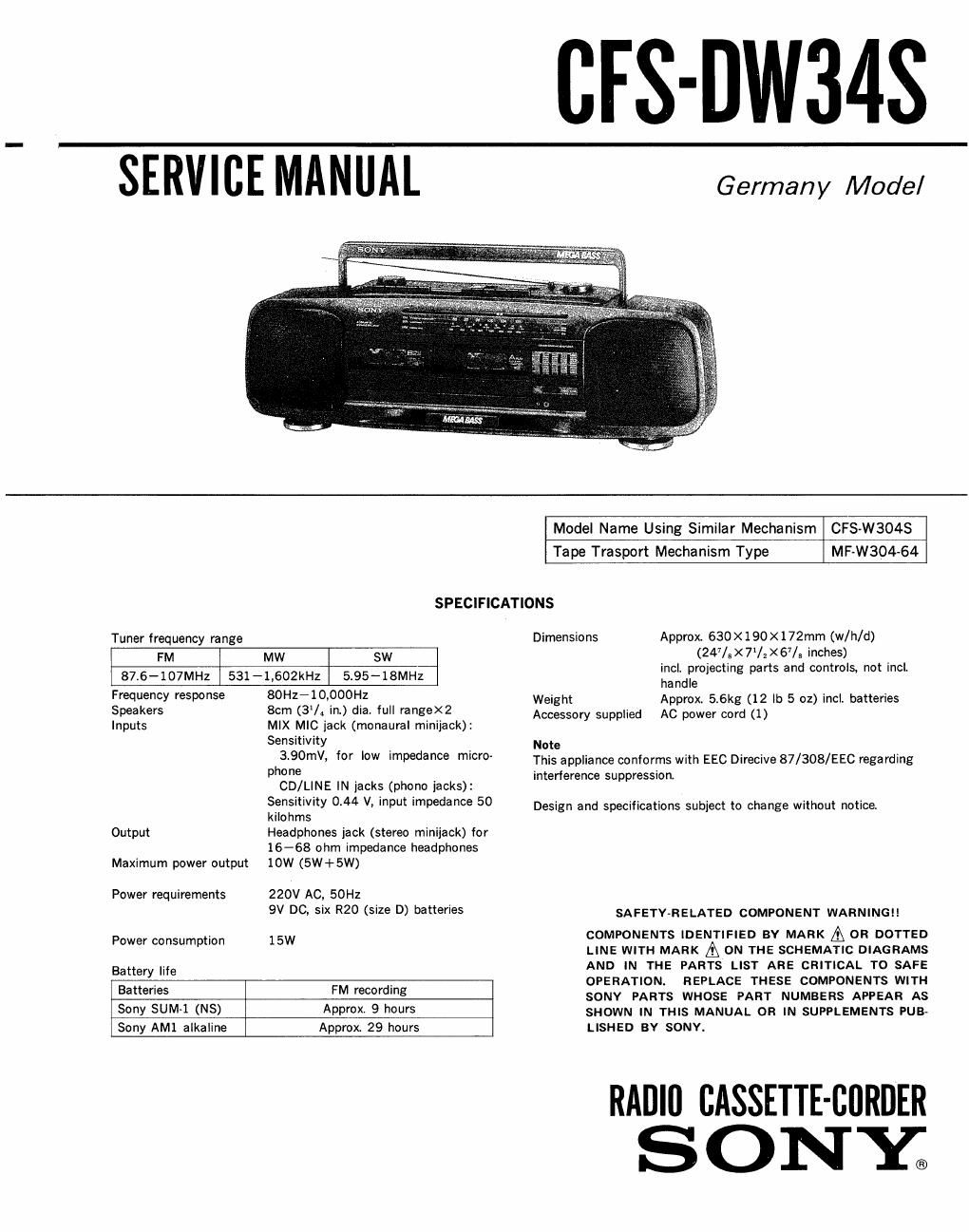 sony cfs dw 34 s service manual