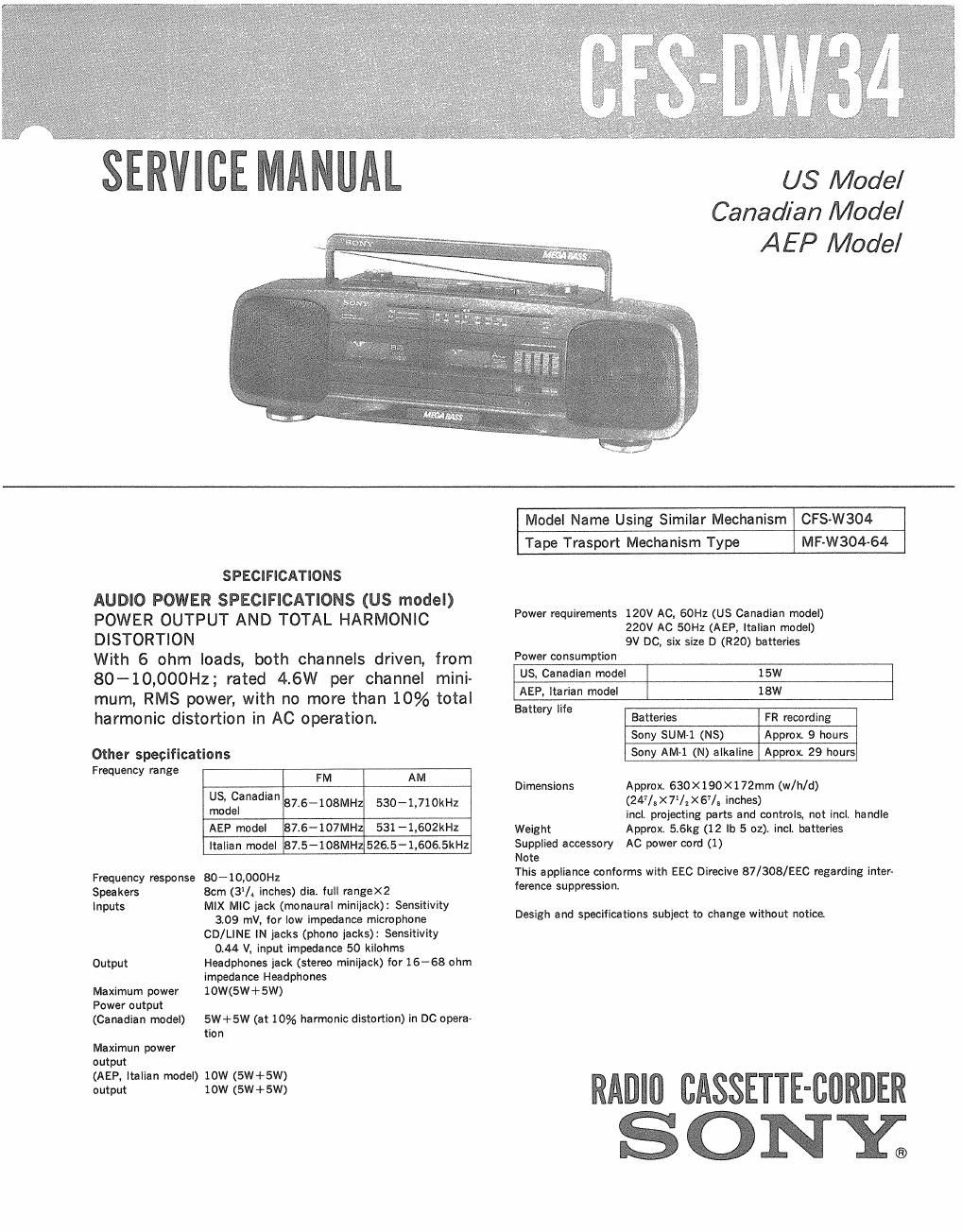 sony cfs dw 34 service manual