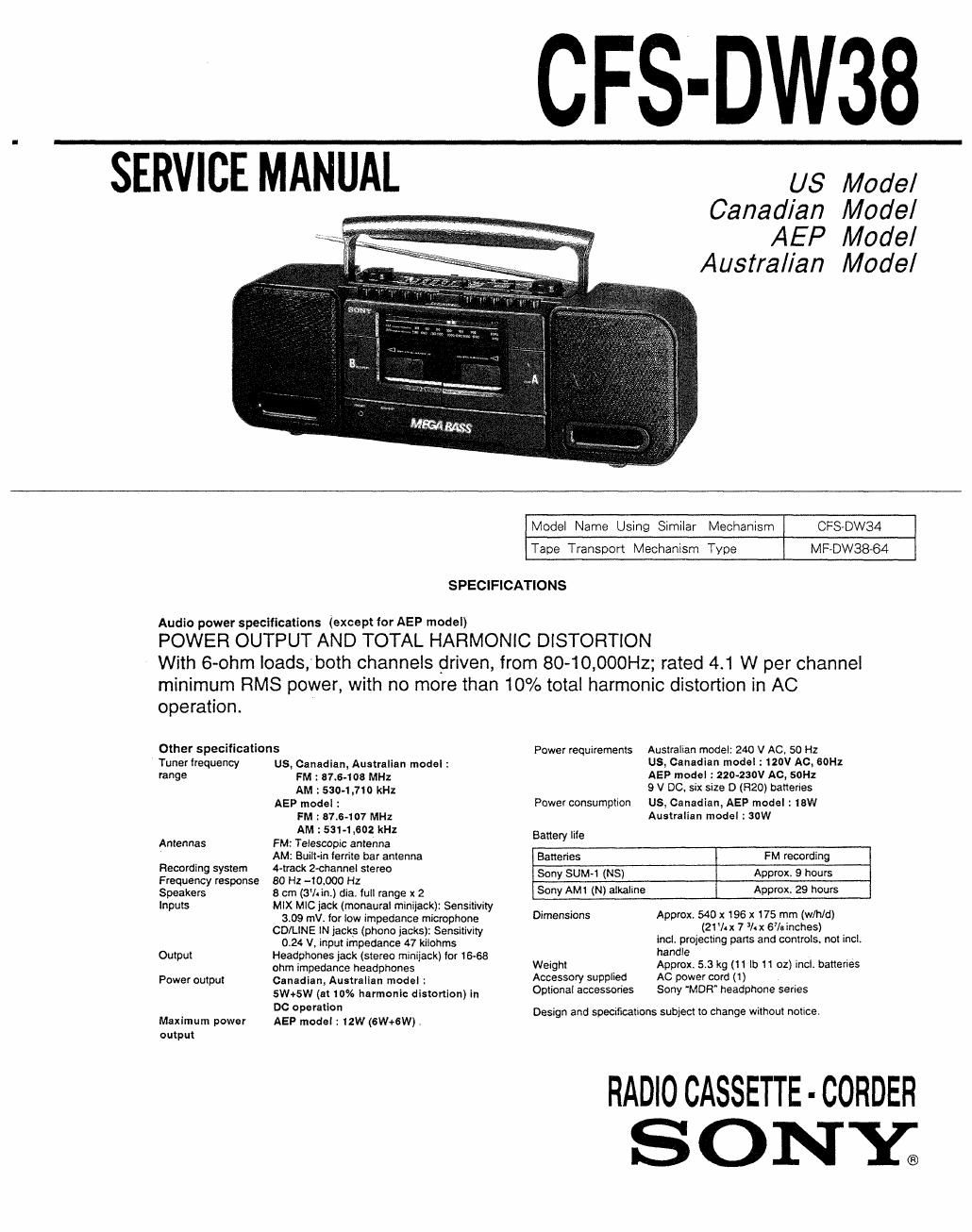 sony cfs dw 38 service manual