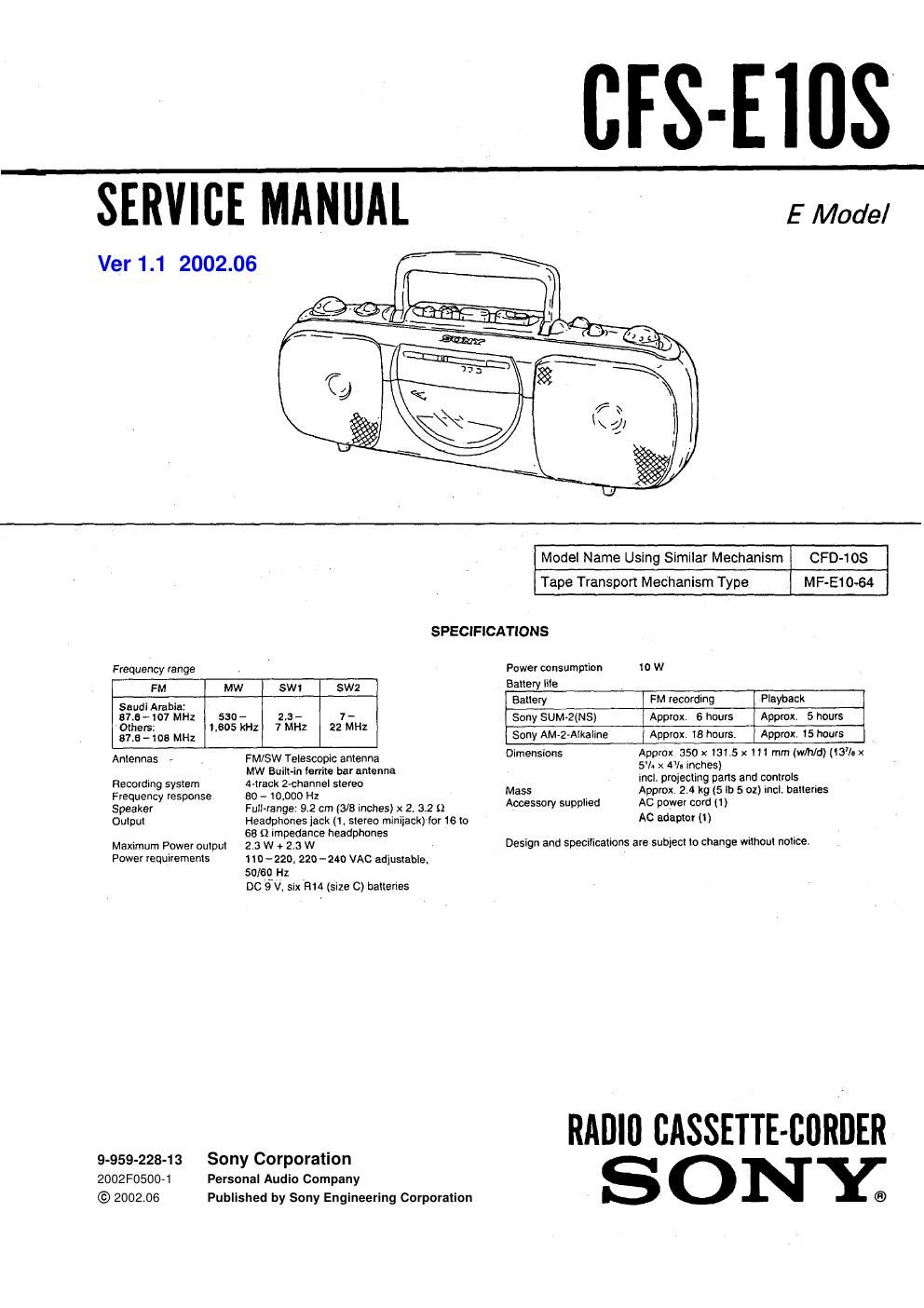 sony cfs e 10 s service manual