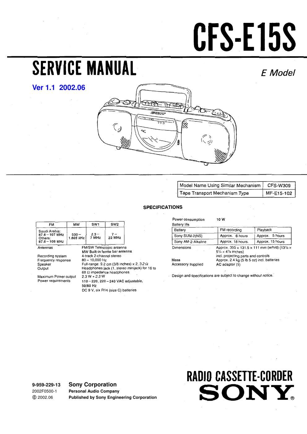 sony cfs e 15 s service manual